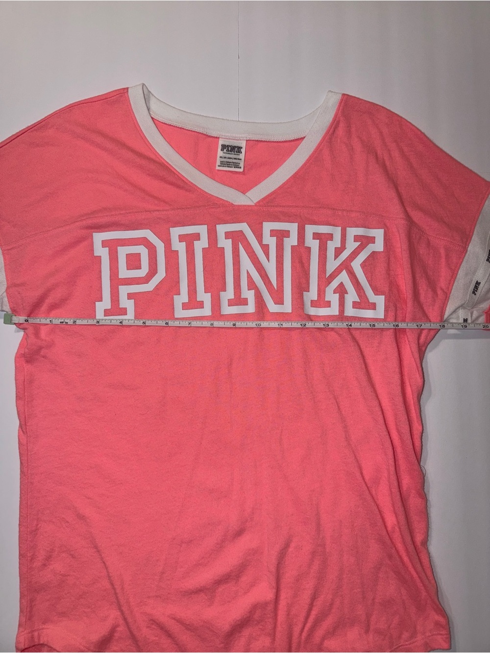 PINK Victoria's Secret Girls' Neon Pink V-Neck Varsity Tee - Picture 2 of 5